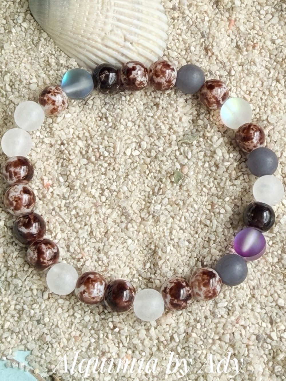 AGATE Brown, Frosted White & Purple Accent Bead Stretch Bracelet